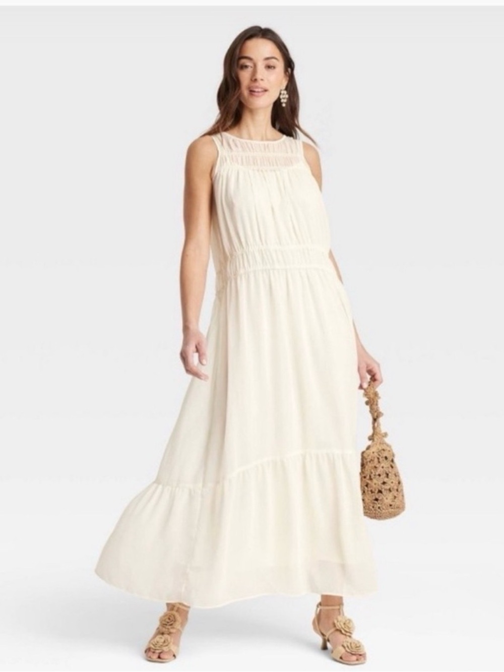 Women's Cream Maxi Dress Boho Medium